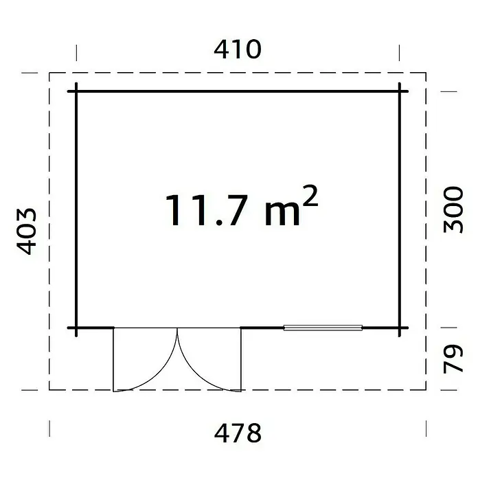 Palmako Gartenhaus Heidi - Außenmaß inkl. Dachüberstand (B x T): 478 x 403 cm, Holz, Grau - Grundriss des Blockhauses mit Größenangaben und einer Fläche von 11,7 m². Die Abmessungen sind 410 x 403 cm, inklusive Tür und Fenster.