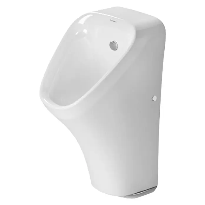 Duravit DuraStyle Urinal - Netzbetrieben, Ohne Spülrand, Unbeschichtet, Zulauf: Hinten, Absaugspülung, Ohne Zielobjekt, Ohne Urinaldeckel - Weißes Urinal zur Wandmontage mit abgerundeten Formen und einem silbernen Knopf zum Spülen, perfekt für moderne Badezimmer.