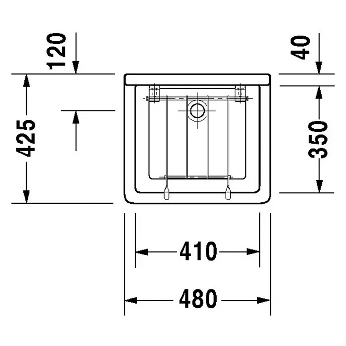 Duravit Starck 3 Waschbecken - B x L: 48 x 42,5 cm, Mit schmutzabweisender Glasur, Hahnloch: Ohne, Ohne Überlauf, Weiß - Technische Zeichnung eines Waschbeckens mit Maßangaben zur Veranschaulichung der Abmessungen und Installation.