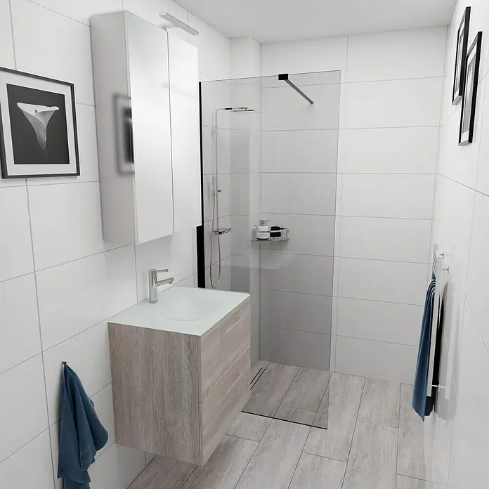 Camargue Espacio Badmöbel-Set E26 - 60 cm, Faro - Ein modernes Badezimmer mit einem hellen Waschtisch, einem Spiegelschrank und einer begehbaren Dusche mit Glaswand.