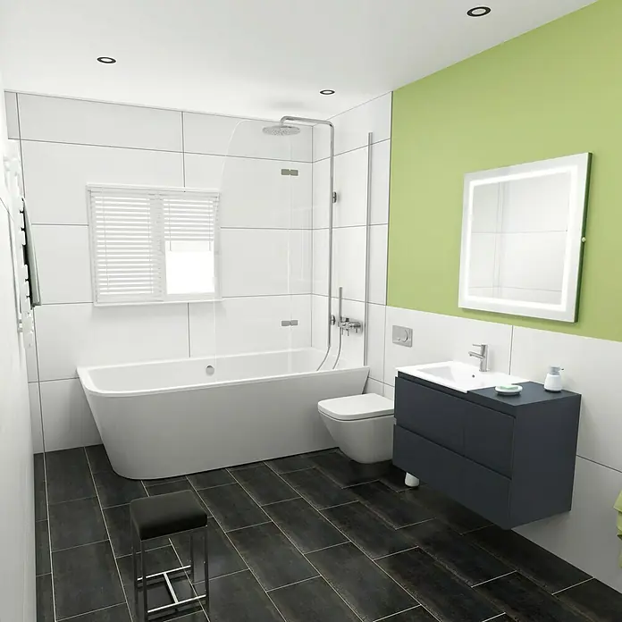 Camargue Espacio Badmöbel-Set H4 - 90 cm, Gama anthrazit matt - Modernes Badezimmerdesign mit freistehender Badewanne, Dusche, Waschtisch und schwarzem Fliesenboden. Elegante und stilvolle Badezimmerausstattung.