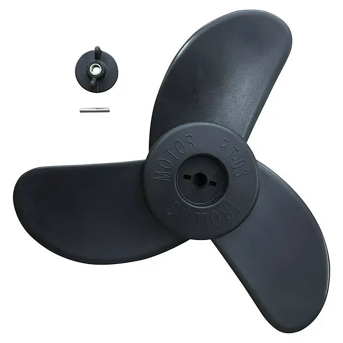 Talamex Propeller-Set TM 66 - Passend für: Talamex Elektro-Außenbordmotor TM 66 - Eine schwarze 3-Blatt-Propellerbaugruppe mit zugehörigen Teilen für einen Elektromotor.