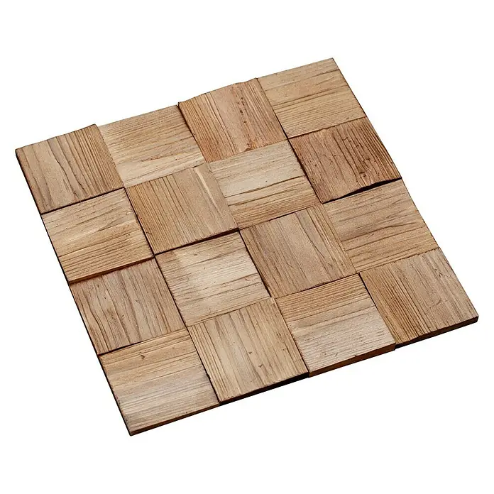 Wandpaneel Quadro III - Kiefer, 380 x 380 mm, Stärke: 6 mm - 14 mm, 0,58 m² - Nahaufnahme eines quadratischen Holzfliesenmosaiks mit natürlichen Holzmaserungen und warmen Farbtönen.