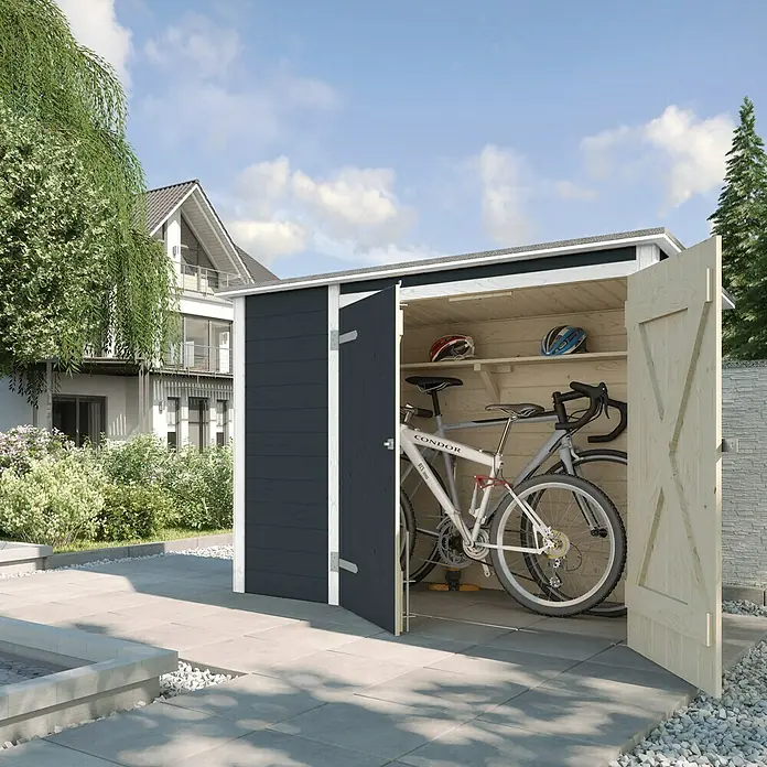 Weka Gerätehaus - Außenbreite inkl. Dachüberstand: 213 cm, Außentiefe inkl. Dachüberstand: 100 cm, Holz, Anthrazit, Weiß - Ein graues Holzfahrradhaus mit geöffneten Türen, in dem zwei Fahrräder und zwei Helme aufbewahrt werden. Eine praktische Aufbewahrungslösung.