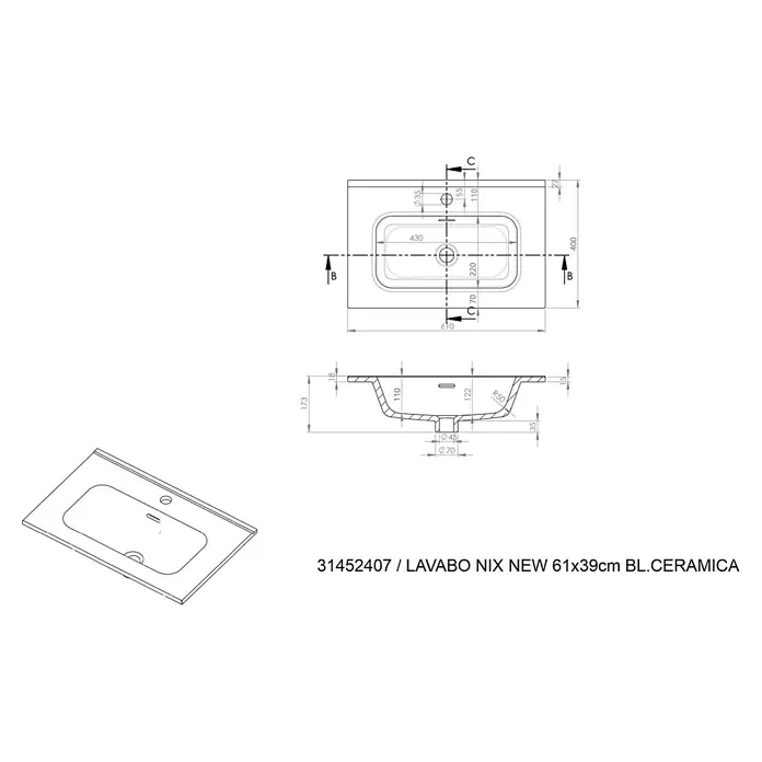 Conjunto de mueble de baño Triana - Ancho: 60 cm, Roble, 3 pzs. - Dibujo técnico del lavabo cerámico LAVABO NIX NEW 61x39cm, mostrando dimensiones para la instalación y diseño, ideal para baños modernos.