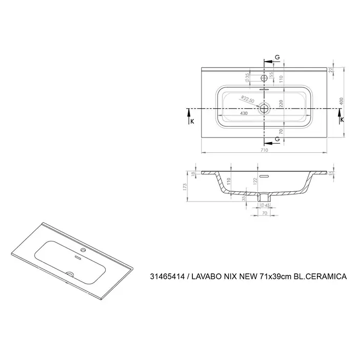Lavabo Nix New - 39,5 x 71 cm, Orificios para grifo: Medio, Con desbordamiento, Blanco - Dibujo técnico del lavabo LAVABO NIX NEW de 71x39cm con dimensiones detalladas para instaladores y diseñadores de baños.