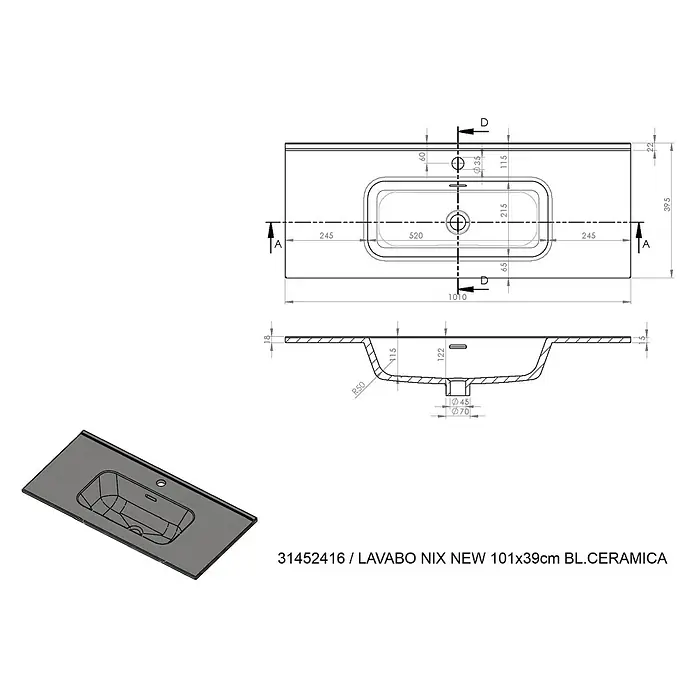 Lavabo Nix New - 39,5 x 101 cm, Orificios para grifo: Medio, Con desbordamiento, Blanco - Dibujo técnico del lavabo LAVABO NIX NEW 101x39cm BL.CERAMICA, que muestra todas las dimensiones y detalles.