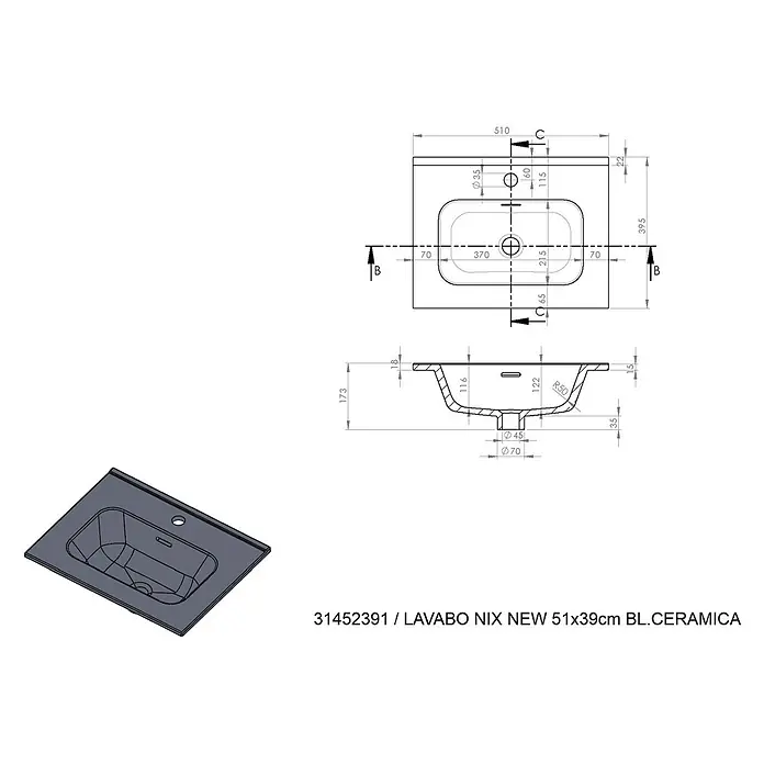 Lavabo Nix New - 39,5 x 51 cm, Orificios para grifo: Medio, Con desbordamiento, Blanco - Imagen de un dibujo de lavabo LAVABO NIX NEW 51x39cm BL.CERAMICA con dimensiones y una vista en perspectiva del producto.