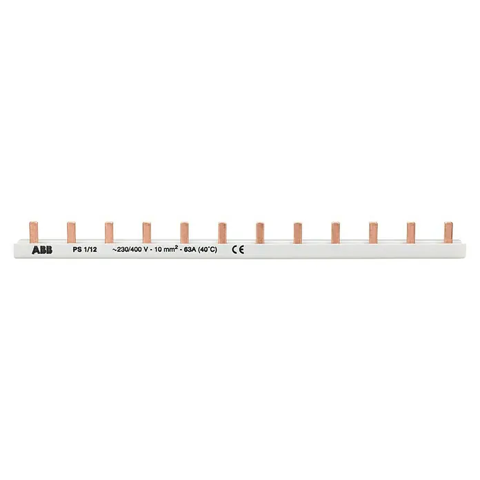 ABB Kammschiene PS 1/12 - Phasen: 1 Stk., 210 mm - Detailaufnahme einer ABB PS 1/12 Sammelschiene, ausgelegt für 230/400V, 10mm² und 63A bei 40°C, mit gut sichtbaren Kupferkontakten.