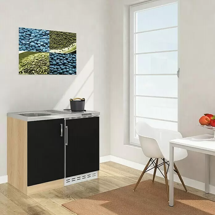 Respekta Minicocina Levin - Ancho: 100 cm, Negro, Con placa de cocina doble - Minicocina compacta con lateral de madera clara, puertas negras, fregadero y placa de cocción de acero inoxidable.