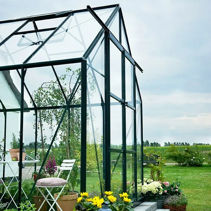Halls Gewächshaus Magnum 128 - Außenmaß inkl. Dachüberstand (B x T): 257 x 384 cm, Material Seitenwand: Glas, 3 mm, Grün, Sicherheitsglas - Das Bild zeigt ein Gewächshaus mit Pflanzen im Garten, das die Gartenarbeit erleichtert und die Pflanzen schützt.