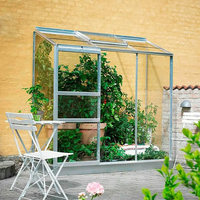 Halls Gewächshaus Altan 3 - Außenmaß inkl. Dachüberstand (B x T): 193 x 68 cm, Material Seitenwand: Glas, 3 mm, Silbergrau - Ein Anlehngewächshaus mit Pflanzen in Töpfen und Regalen, daneben ein kleiner Tisch mit Stühlen im Garten vor einer gelben Wand.