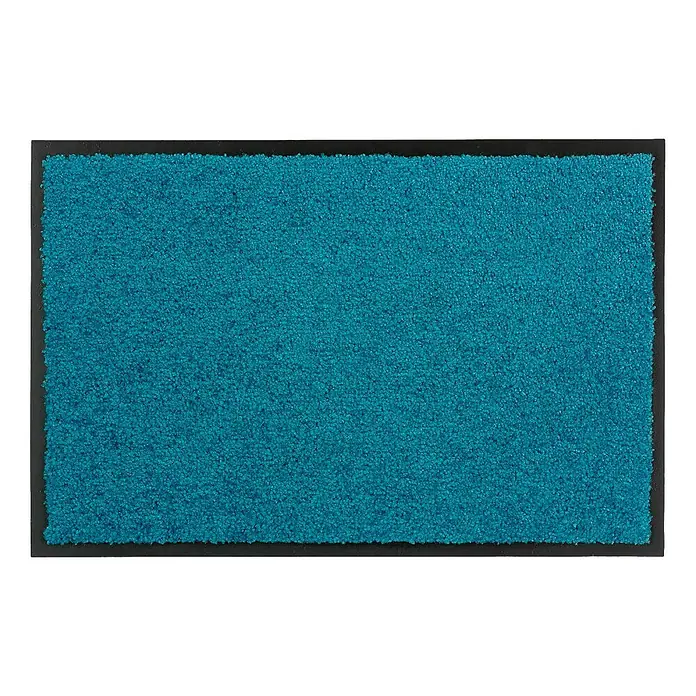 Astra Schmutzfangmatte Diamant - Türkis, 80 x 120 cm, Material Nutzschicht: 100 % Polyamid - Ein rechteckiger, blau-türkiser Teppich mit einem schwarzen Rand, ideal für den Eingangsbereich, der Schmutz und Feuchtigkeit auffängt.