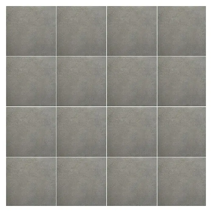 Terrassenfliese Beton - 60 x 60 x 2 cm, Grau, Matt - Das Bild zeigt eine Nahaufnahme von grauen Fliesen mit weißen Fugenlinien, die ein regelmäßiges Muster bilden.