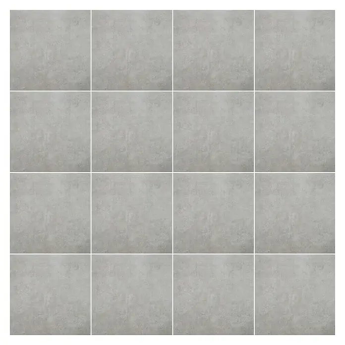 Terrassenfliese Arctec - 80 x 80 x 2 cm, Hellgrau, Matt - Darstellung von sechzehn grauen Fliesen, die ein quadratisches Muster bilden, ideal für moderne Innenräume.
