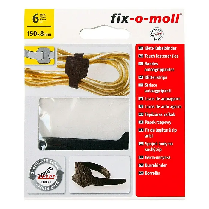 Fix-o-moll Klett-Kabelbinder - 150 x 8 mm, Schwarz, 6 Stk. - Abbildung der Fix-o-moll Klett-Kabelbinder, 6 Stück, 150x8mm. Wiederverwendbare Kabelbinder zur einfachen und schnellen Kabelführung.