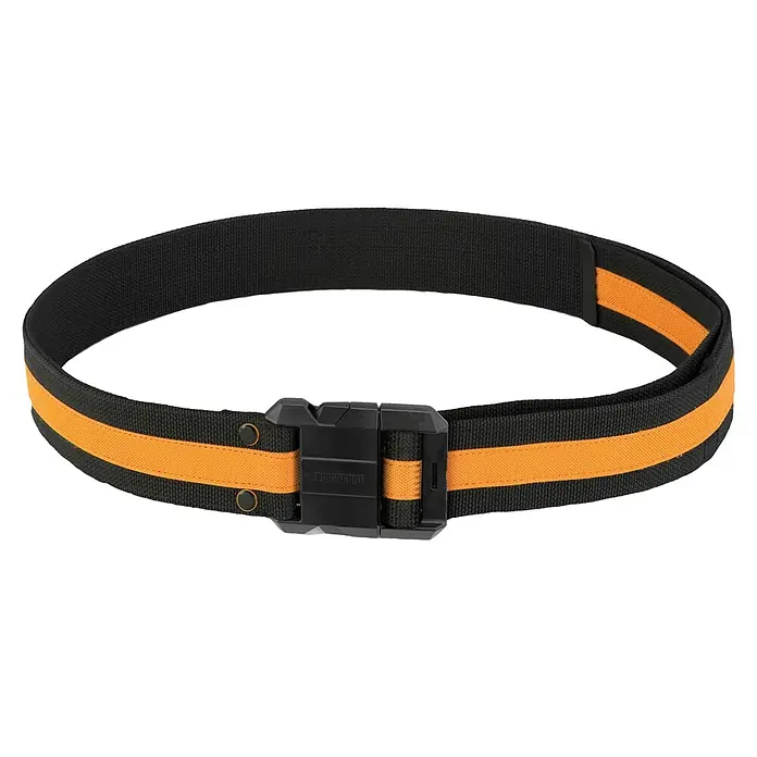 ToughBuilt ClipTech Cinturón portaherramientas TB-CT-42 - Ajustable, 81 cm - 122 cm - Se presenta un cinturón negro con rayas naranjas y una hebilla negra. Este es un cinturón de alta calidad.