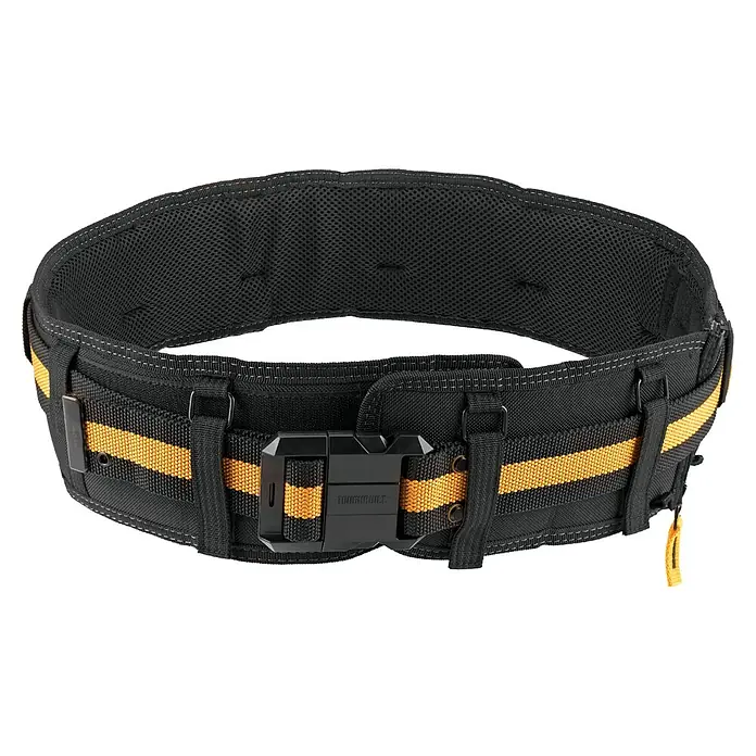ToughBuilt ClipTech Werkzeuggürtel-Set - L x B: 122 x 4 cm - Abgebildet ist ein schwarzer Werkzeuggürtel mit gelben Streifen und einer schwarzen Schnalle, ideal für Handwerker zur Werkzeugaufbewahrung.