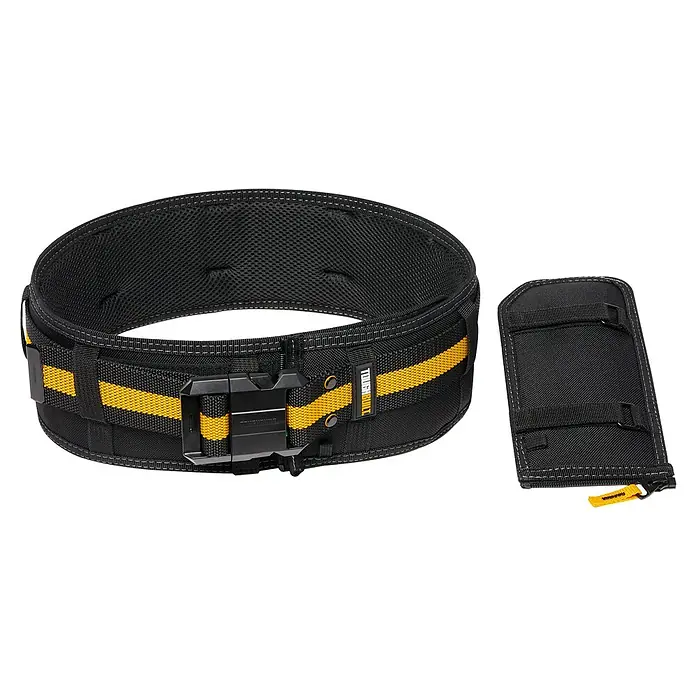 ToughBuilt ClipTech Werkzeuggürtel-Set - L x B: 122 x 4 cm - Ein schwarzer Werkzeuggürtel mit gelben Akzenten und einem separaten Werkzeug-Etui, ideal für Handwerker.