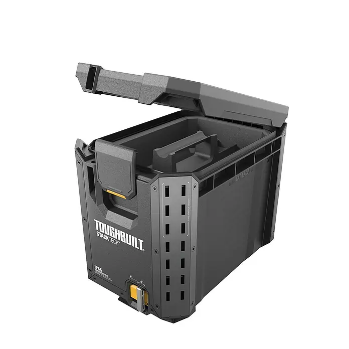 ToughBuilt StackTech Werkzeugkasten Compact - L x B x H: 40 x 26 x 34 cm, Kunststoff, Traglast: 34 kg - Ein schwarzer Toughbuilt StackTech Werkzeugkasten mit geöffnetem Deckel, ideal für die Organisation von Werkzeugen.