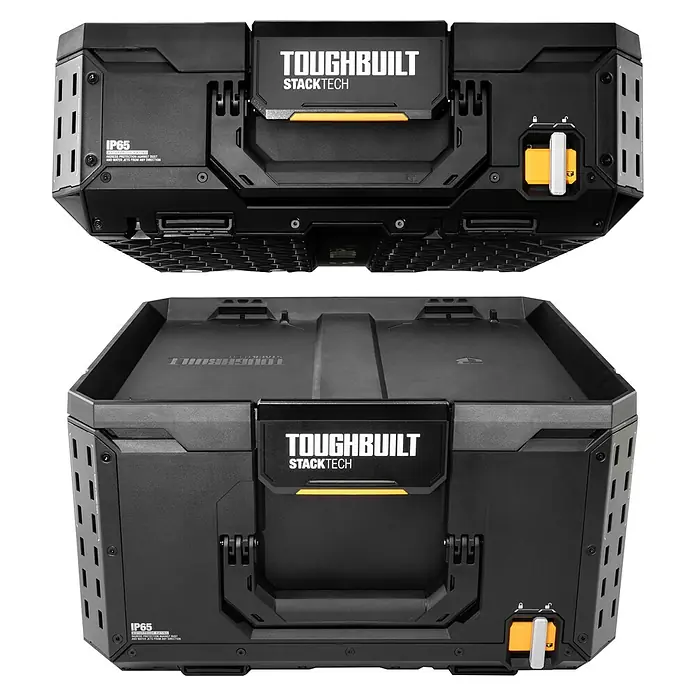 ToughBuilt StackTech Werkzeugkoffer-Set 3-tlg. - L x B x H: 50 x 56 x 83 cm, 3 -tlg., Räder - Abbildung von zwei ToughBuilt StackTech Werkzeugkästen, die für robuste und modulare Aufbewahrungslösungen konzipiert sind.