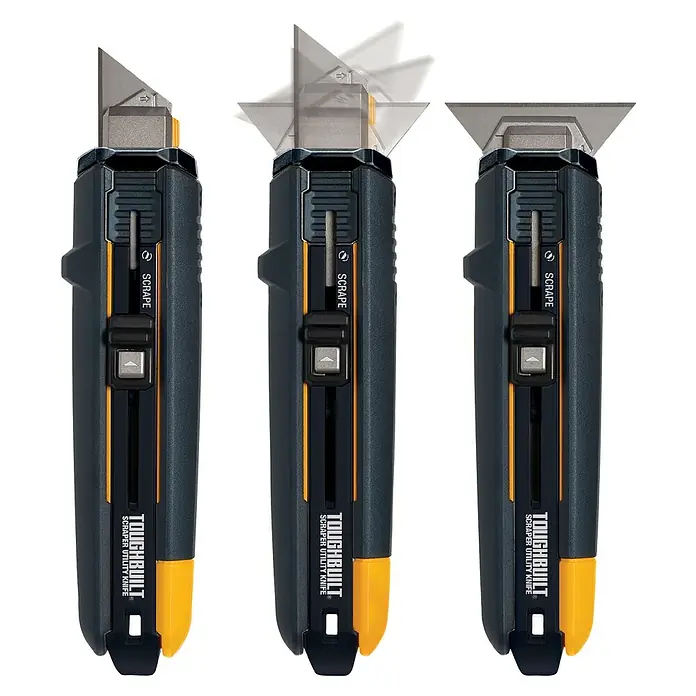 ToughBuilt Sicherheitsmesser Scraper Utility - Spezialklinge - Das Bild zeigt drei ToughBuilt Schaber-Universalmesser in verschiedenen Einstellungen für vielseitige Anwendungen.