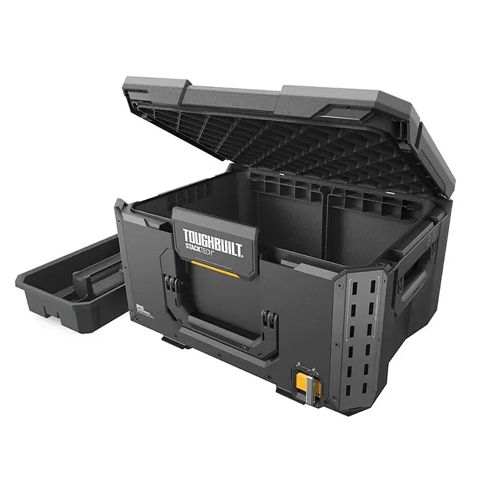 ToughBuilt StackTech Werkzeugkasten Large - L x B x H: 40,6 x 53,3 x 29,7 cm, Kunststoff, Traglast: 45 kg - ToughBuilt StackTech Werkzeugkiste mit geöffnetem Deckel und herausnehmbarem Einsatz für Werkzeuge und Zubehör. Robuste und modulare Aufbewahrungslösung.