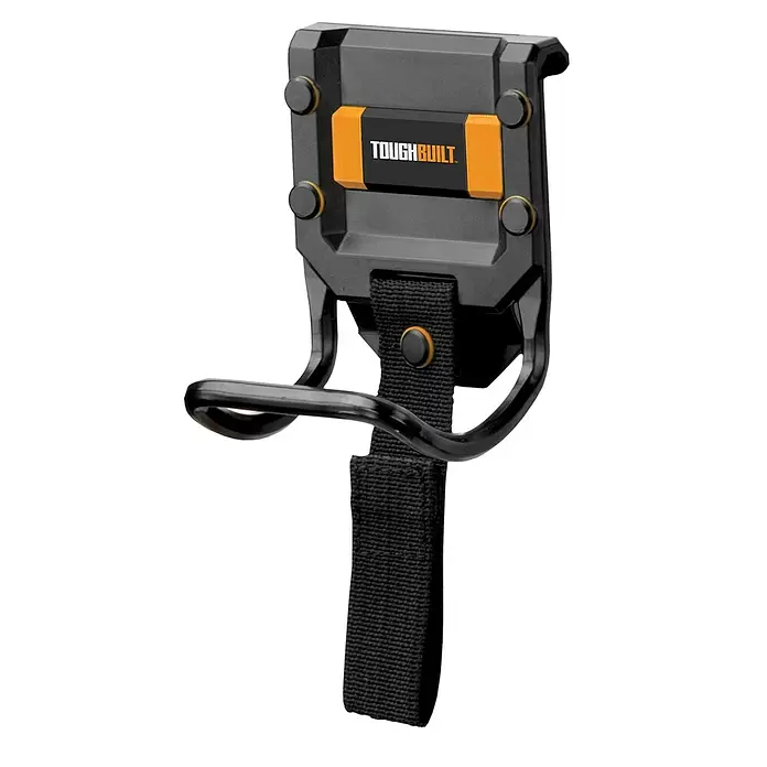 ToughBuilt Soporte para martillos - Acero/ABS - Robusto soporte de herramientas ToughBuilt negro y naranja con un gancho principal y correa de tela.