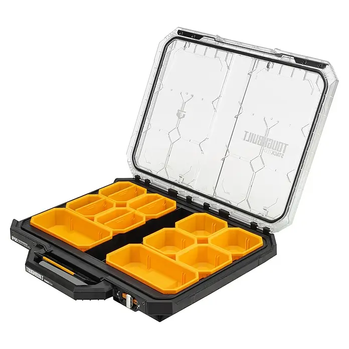 ToughBuilt StackTech Organizador de piezas pequeñas TB-B1-O-10 - L x An x Al: 47 x 53 x 9,4 cm, Plástico, Número de compartimentos: 10 ud. - Robusta caja de herramientas con tapa transparente y compartimentos amarillos para guardar diversas herramientas y piezas pequeñas.
