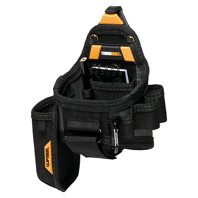 ToughBuilt ClipTech Bolsa para herramientas TB-CT-25X - L x An x Al: 110 x 180 x 250 mm, Número de bolsillos: 7 ud. - Una funda de herramientas negra resistente con bloc de notas y bolígrafo, ideal para artesanos que valoran la organización.