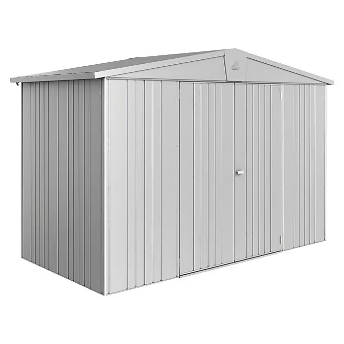 Biohort Europa Gerätehaus Europa Gr. 4A - Außenbreite inkl. Dachüberstand: 316 cm, Außentiefe inkl. Dachüberstand: 156 cm, Stahl, Silber Metallic - Diagonale Ansicht