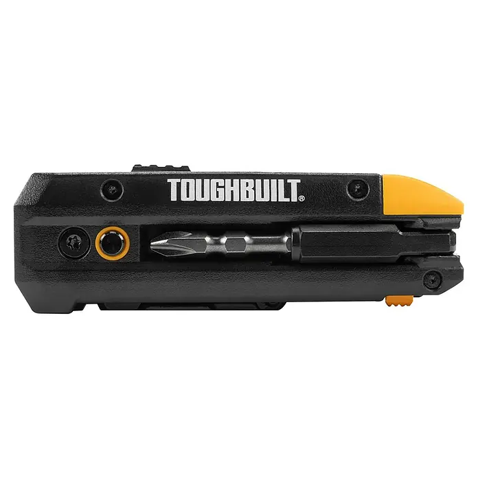 ToughBuilt Navaja de bolsillo TB-H4-12-IM - Largo: 31,8 mm, Aluminio - Primer plano del ToughBuilt TB-H4S5-01, una herramienta compacta que muestra almacenamiento de brocas, combinando durabilidad y función.
