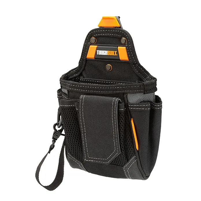 ToughBuilt ClipTech Werkzeugtasche mit Haken und Schlaufe - L x B x H: 8 x 19 x 26 cm, Polyester - Das Bild zeigt eine Toughbuilt Werkzeugtasche in Schwarz und Orange, ideal für Handwerker.