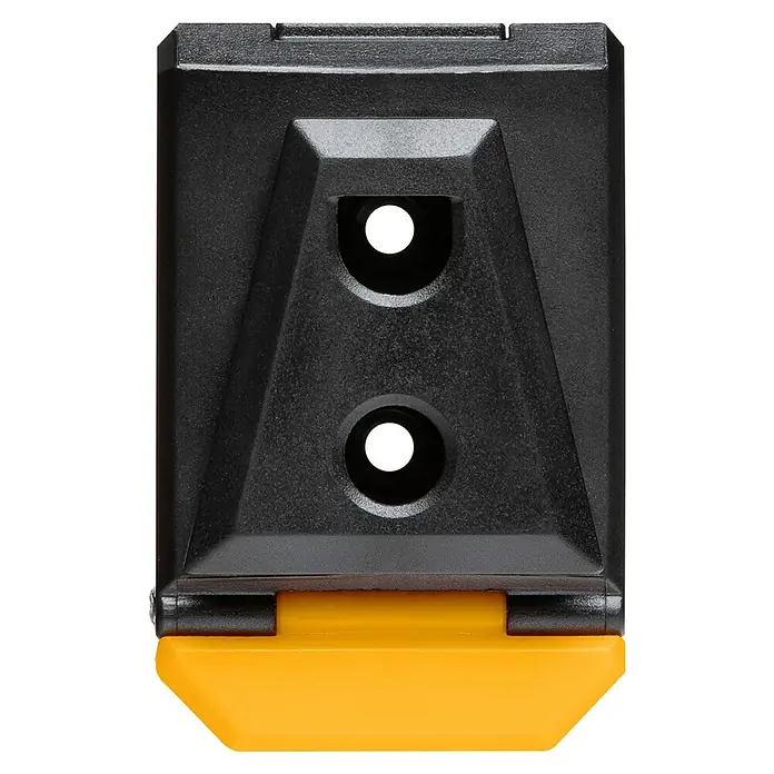 ToughBuilt ClipTech Systemverbinder - L x B x H: 2,5 x 5,3 x 8,1 cm, ABS, 3 Stk. - Nahaufnahme eines schwarzen und gelben Werkzeugs. Das Gehäuse ist schwarz, mit zwei Öffnungen. Der Boden ist gelb und keilförmig.