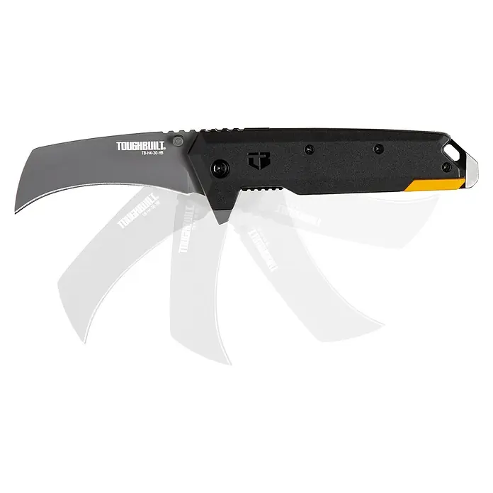 ToughBuilt Navaja de bolsillo Hawkbill - Acero inoxidable - La imagen muestra una navaja plegable ToughBuilt TB-H4-30-HB en diferentes posiciones abiertas para resaltar su funcionalidad.