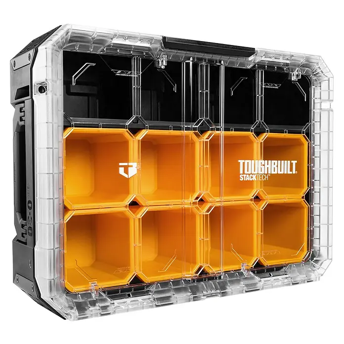 ToughBuilt StackTech Kleinteilmagazin - L x B x H: 40 x 53 x 18 cm, Kunststoff, Anzahl Fächer: 8 Stk. - Ein ToughBuilt StackTech Organizer mit durchsichtigem Deckel und orangefarbenen Fächern zur Aufbewahrung von Werkzeugen und Zubehör.