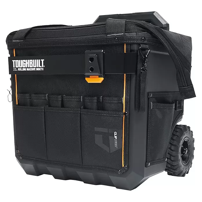 ToughBuilt Caja profesional con ruedas Massive Mouth® - 18'', L x An x Al: 370 x 525 x 500 mm - Bolsa de herramientas Toughbuilt XL Rolling Massive Mouth negra con detalles naranjas, múltiples bolsillos y ruedas resistentes.