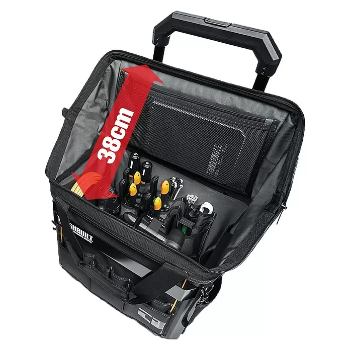 ToughBuilt Caja profesional con ruedas Massive Mouth® - 18'', L x An x Al: 370 x 525 x 500 mm - Bolsa de herramientas negra abierta con asa telescópica, muestra herramientas y 38cm de profundidad.