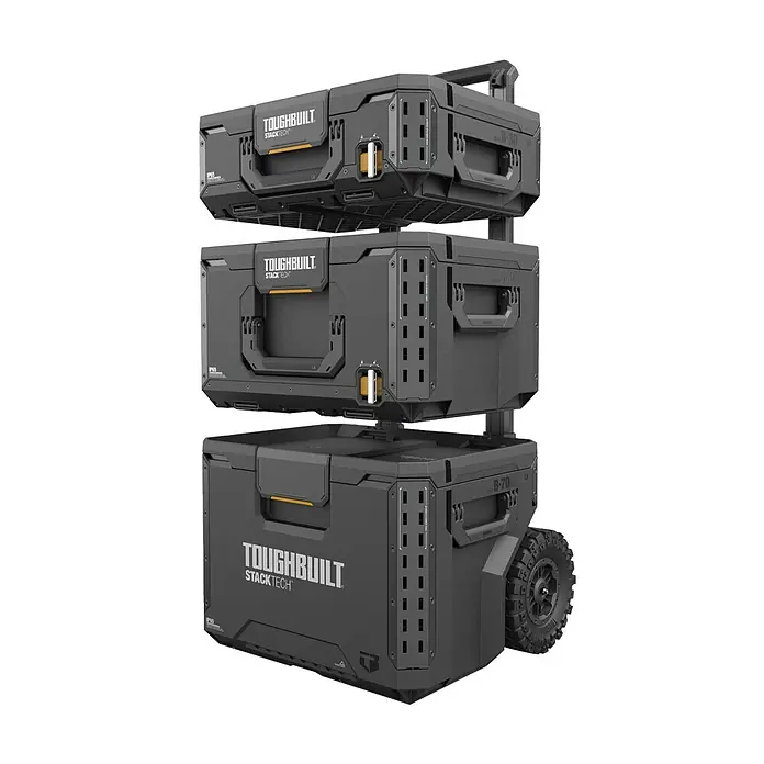 ToughBuilt StackTech Juego de cajas de herramientas TB-B1S3-B-70R - L x An x Al: 50 x 56 x 83 cm, 3 pzs., Ruedas - En la imagen se muestran cajas de almacenamiento ToughBuilt StackTech, que ofrecen un robusto almacenamiento modular.