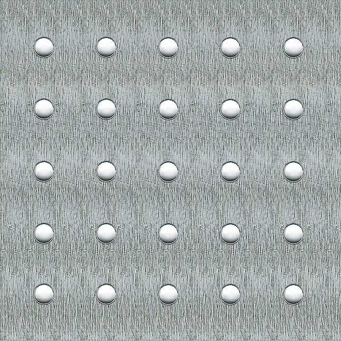 Kantoflex Rundlochblech - 500 x 250 mm, Stärke: 1,5 mm, Stahl, Verzinkt - Detailaufnahme einer gebürsteten Metallplatte mit regelmäßig angeordneten, erhabenen Nieten, die dem Material Struktur verleihen.