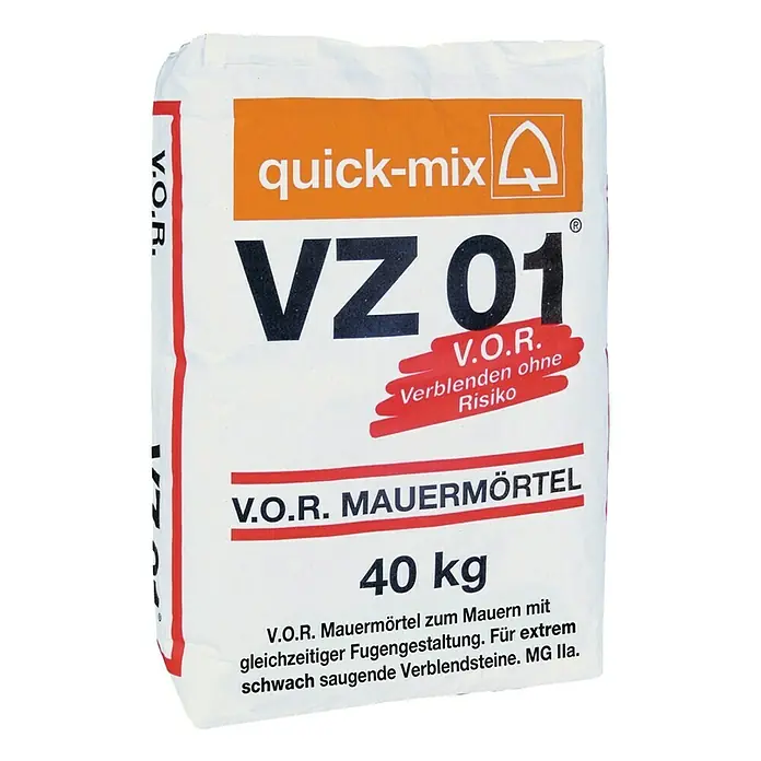 Quick-Mix Mauermörtel V.O.R. - 40 kg, Geeignet für: Nicht saugende Steine - Abbildung eines Sackes Quick-Mix VZ 01 Mauermörtel mit 40 kg Inhalt, ideal für Mauerarbeiten.