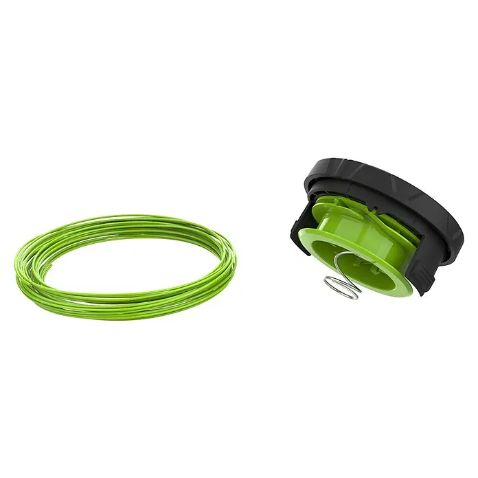 Greenworks Ersatzfadenspule mit Abdeckung - Fadenlänge: 5,6 m, Fadenstärke: 2 mm, Passend für: Greenworks 60V Rasentrimmer - Auf dem Bild sind ein grüner Fadenspule und ein Rasentrimmerkopf mit Spule zu sehen, die zusammen ein komplettes Set bilden.