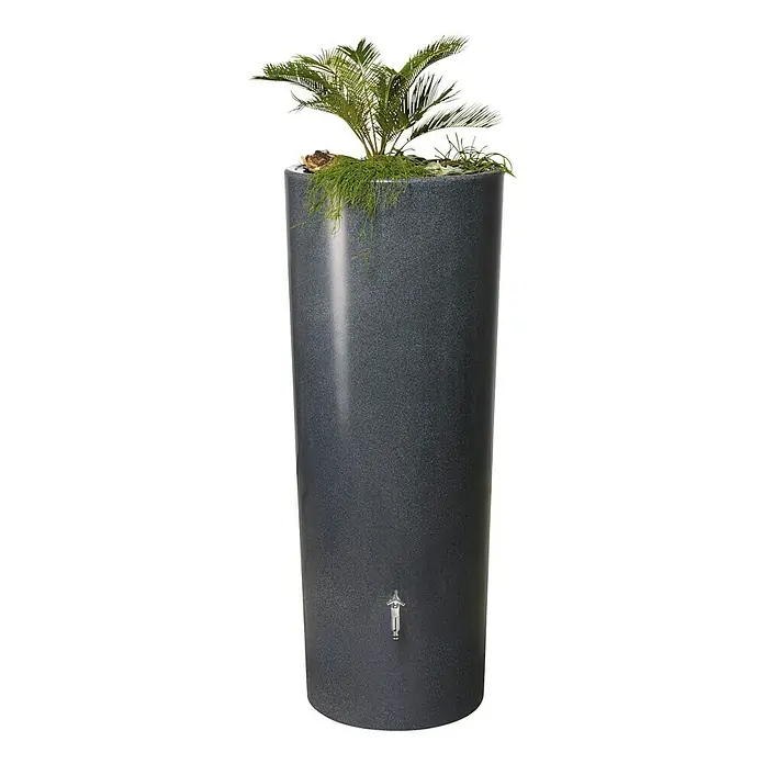Garantia Modern Line Regenspeicher Stone 2 in 1 - 350 l, Lava - Der schlanke, anthrazitfarbene Pflanzkübel mit Wasserhahn und grüner Pflanze ist ein Hingucker für jeden Garten oder Terrasse.