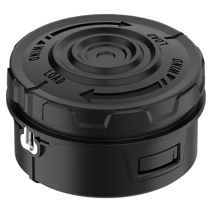 Greenworks Trimmerkopf - Passend für: Greenworks 60V Rasentrimmer - Schwarze Fadenspule für Rasentrimmer mit Richtungspfeilen und den Aufschriften "Load" und "Wind".