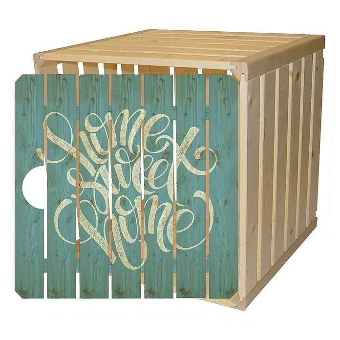 HolzZollhaus Holzkiste A 1/2 - 35 x 35 x 32 cm, Home Sweet Home - Holzkiste mit blaugrüner Holzbrettverkleidung und dem Schriftzug "Home Sweet Home", ideal für gemütliche Wohnakzente.