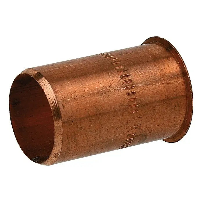 Conex Stützhülse - 3 Stk., Durchmesser: 12 mm - Kupferfitting Verbinder: Ein zylindrisches Kupferrohrstück mit einer ringförmigen Verdickung an einem Ende, das als Verbinder dient.