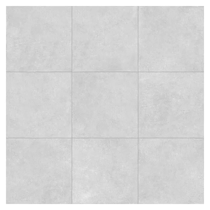 Feinsteinzeugfliese Giant - 79,7 x 79,7 cm, Weiß, Matt - Graue, texturierte quadratische Fliesen mit sichtbaren Fugen, die eine modulare Oberfläche bilden.