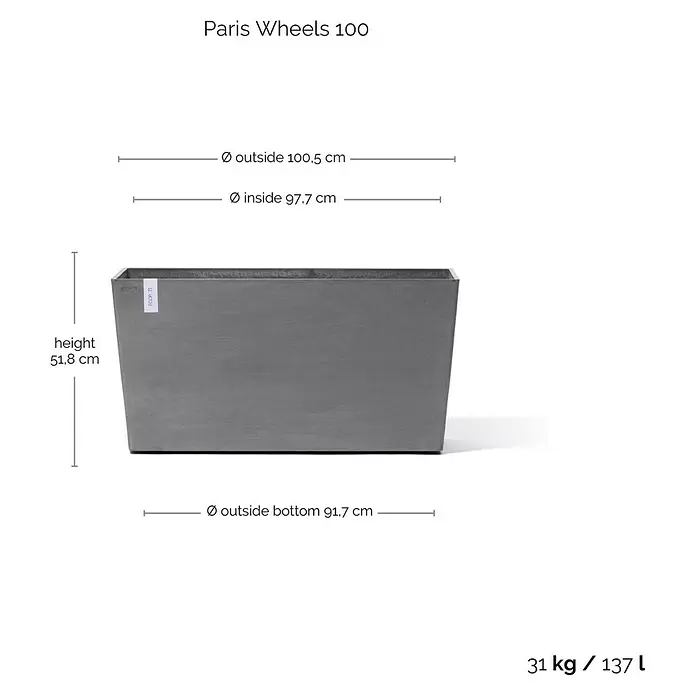 Ecopots Pflanzkasten Paris - Außenmaß (L x B x H): 100,5 x 39,6 x 51,8 cm, Kunststoff, Grau, Ausstattung Pflanzgefäß: Rollen - Grauer, rechteckiger Pflanzkübel der Marke ECOPOTS mit Maßen und Fassungsvermögen.