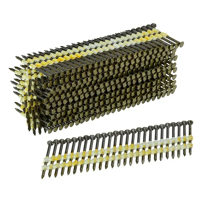 Craftomat Nägel - Länge: 75 mm, 500 Stk. - Nagelstreifen: Eine große Packung gerahmter Nägel und ein einzelner Streifen mit gelben und weißen Verbindungsstücken.