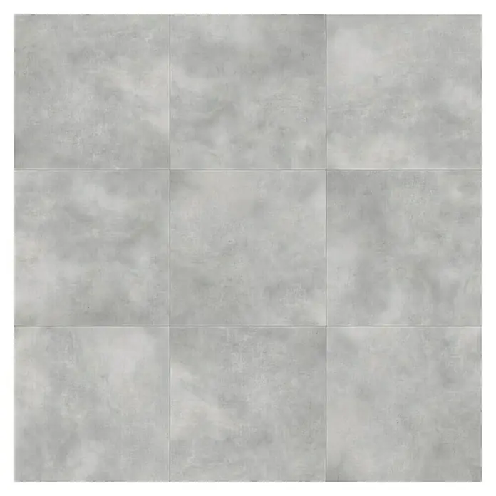 Terrassenfliese Dimension - 59,7 x 59,7 x 2 cm, Grafit, Matt - Ein graues Bodenfliesenmuster, bestehend aus neun quadratischen Fliesen, ideal für moderne Innenräume, die eine schlichte und elegante Ästhetik suchen.